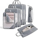 Sutinban 7-Piece Compression Packing Cubes for Travel, 6 Expandable Luggage Organizer Bags and Shoe Bag, Water-Resistant Mesh Suitcase Organizers, Grey