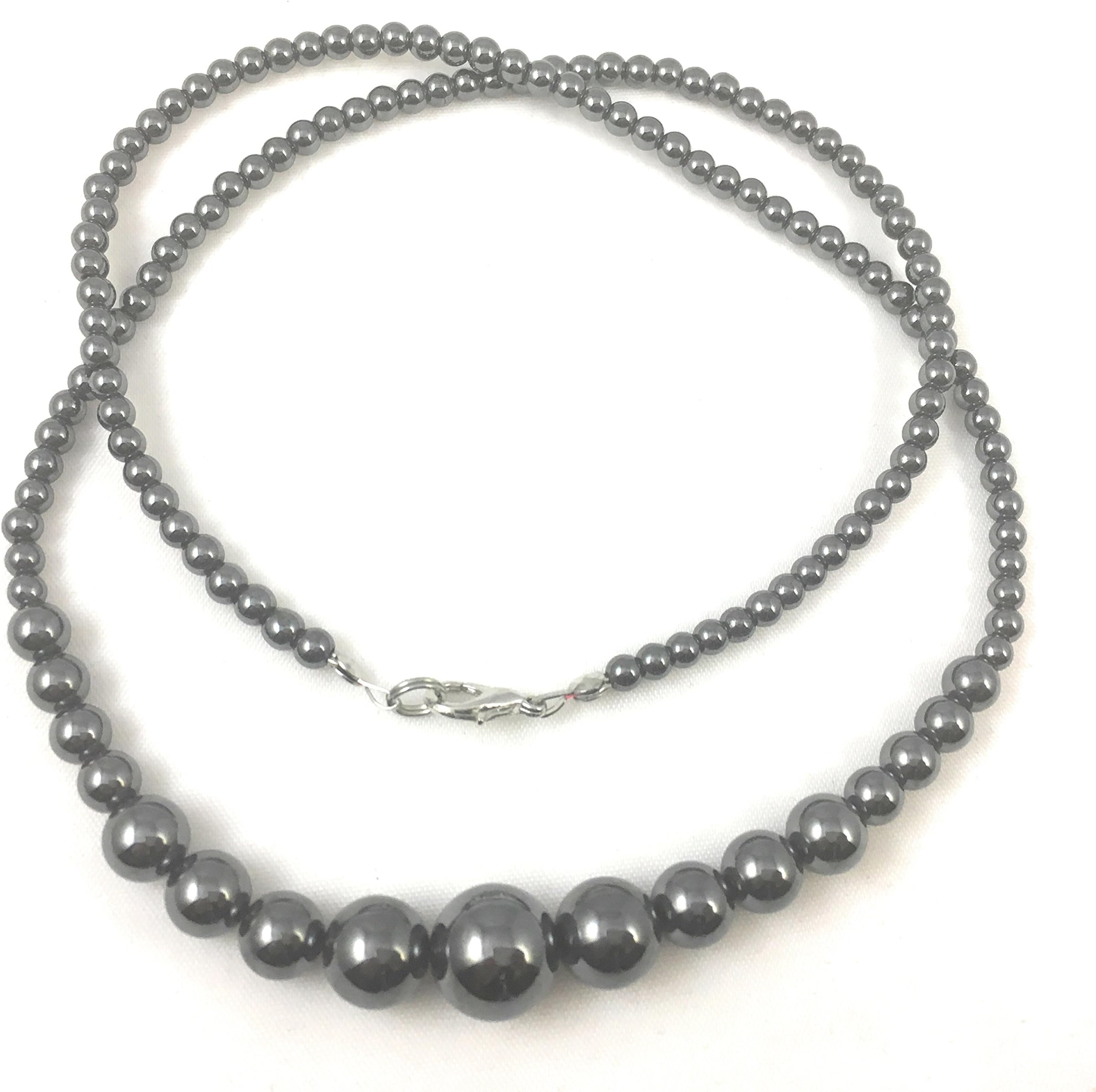 Hematite Necklace 18 inches - Crab Claw Clasp - 5 Sizes of Polished Beads, 12mm, 10mm, 8mm and 4mm Bead Strand- Wear as a Necklace or Bracelet - Spinnaker Collection