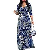 SUZONANA Plus Size Dresses for Women Print Maxi Dresses Flowy 3/4 Sleeve with Belt