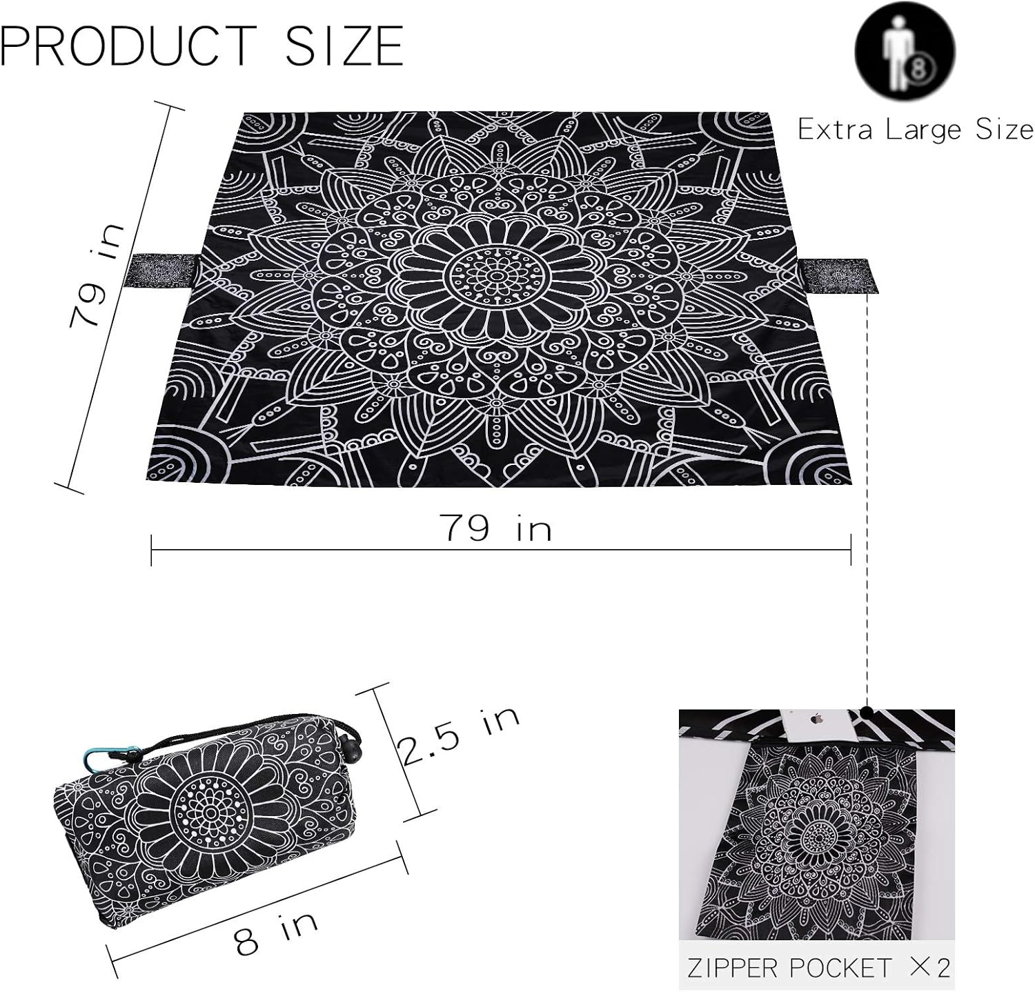 Outdoor Beach Blanket Picnic Mat - Waterproof Sandproof Foldable Lightweight Compact Pocket Oversized Extra Large 79"×79"for Travel, Camping, Hiking Quick Drying Washable with 5 Stakes 2 Zipper Storage : Sports & Outdoors