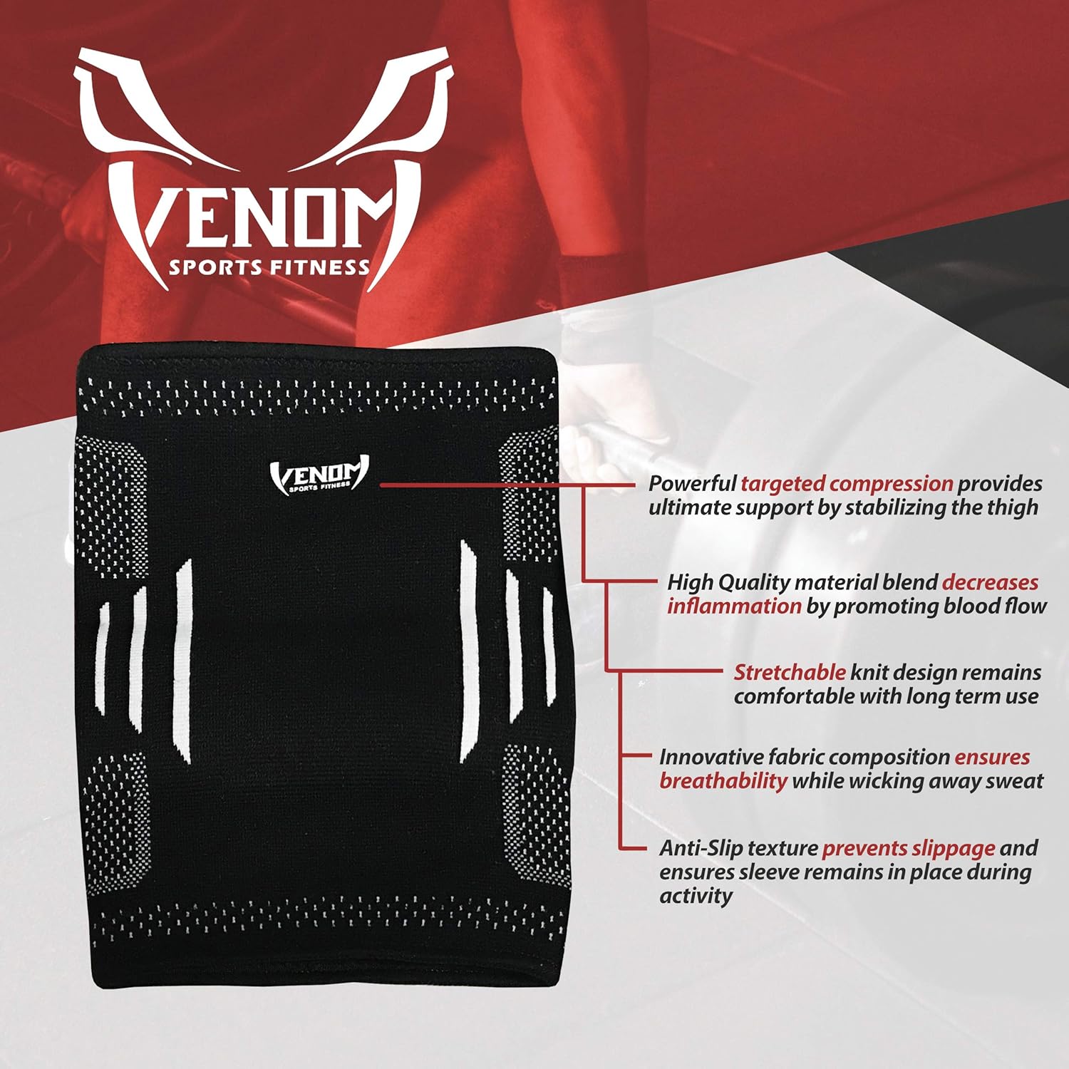 Venom Thigh Compression Sleeves for Men and Women, (Pair), Breathable Support Brace for Hamstrings, Groin and Quad Muscles, Injury Recovery and Pain Relief: Sports & Outdoors