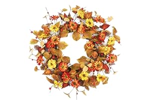 YNYLCHMX 18" Fall Wreaths for Front Door, Artificial Autumn Wreath, Fall Wreath with Eucalyptus Leaves and Yellow Orange Daisy for Home Porch Window Wall Farmhouse Decor, Indoor Outdoor, Holiday Decor