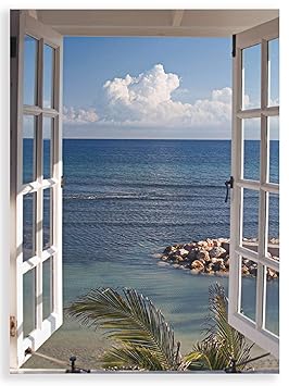 Artland Qualitätsbilder I Glasbilder Deko Glas Bilder 60 x 80 cm Landschaften Fensterblick Foto Blau G3FP Fenster zum Paradie