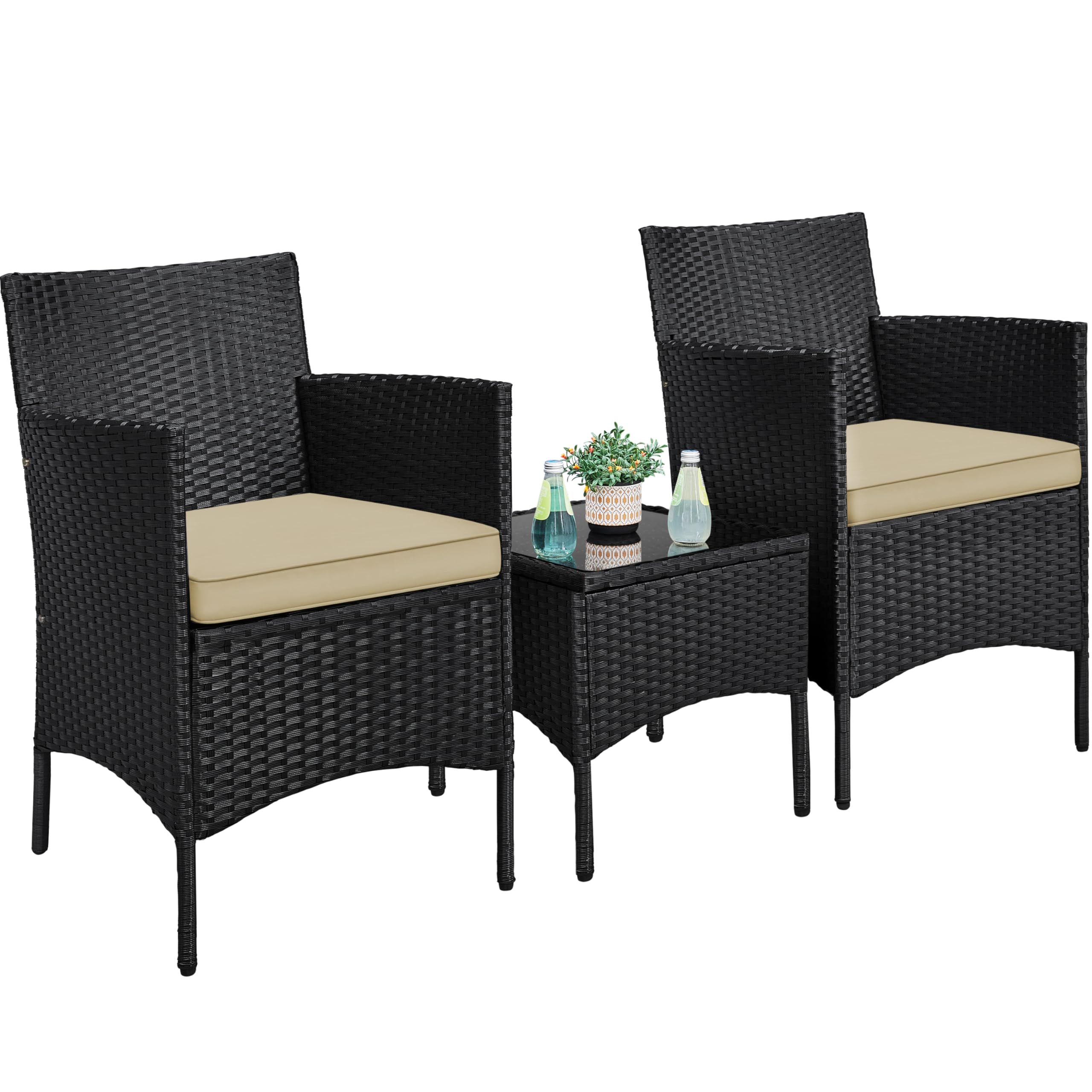 Yaheetech 3 Pieces Patio Conversation Set, Outdoor Rattan Bistro Furniture, 2 Chairs with Cushions & 1 Side Table for Bistro/Porch/Garden/Deck/Courtyard, Black/Khaki Image
