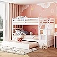 Merax Twin Over Twin Bunk Bed with Storage Stairs, Wood Bunk Bed Frames with Trundle, No Box Spring Needed, White