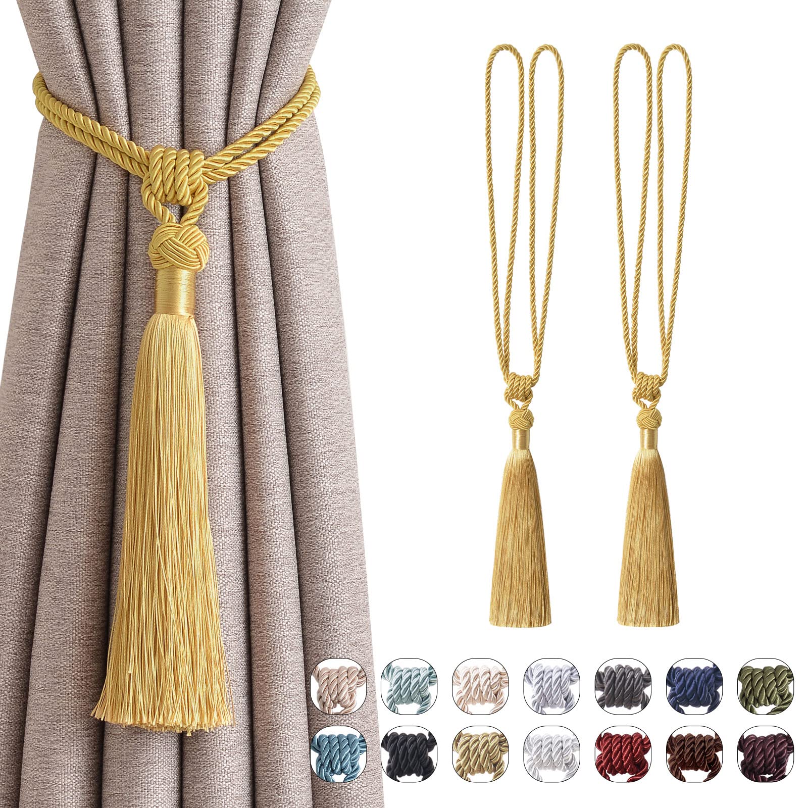 Pretty Jolly 2 Pack Long Tassel Curtain Tiebacks Handmade Braided Rope Knot Drape Tie Backs European Style Decorative Curtain Holdbacks for Home & Office Window Drapery (Yellow)