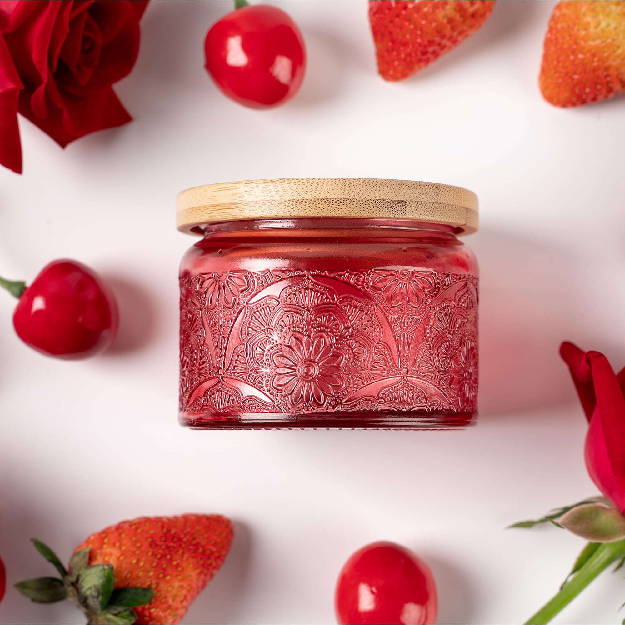 Photo 1 of 18-Pack 4oz Embossed Glass Candle Container with Bamboo Lids and Labels, Red Candle Jars for Making Candles, Mandala Design