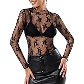 Mesh Long Sleeve Top for Women Lace Sheer Tops Sexy See Through Shirts Mock Neck Embroidery Blouses Going Out Clubwear S-XXL