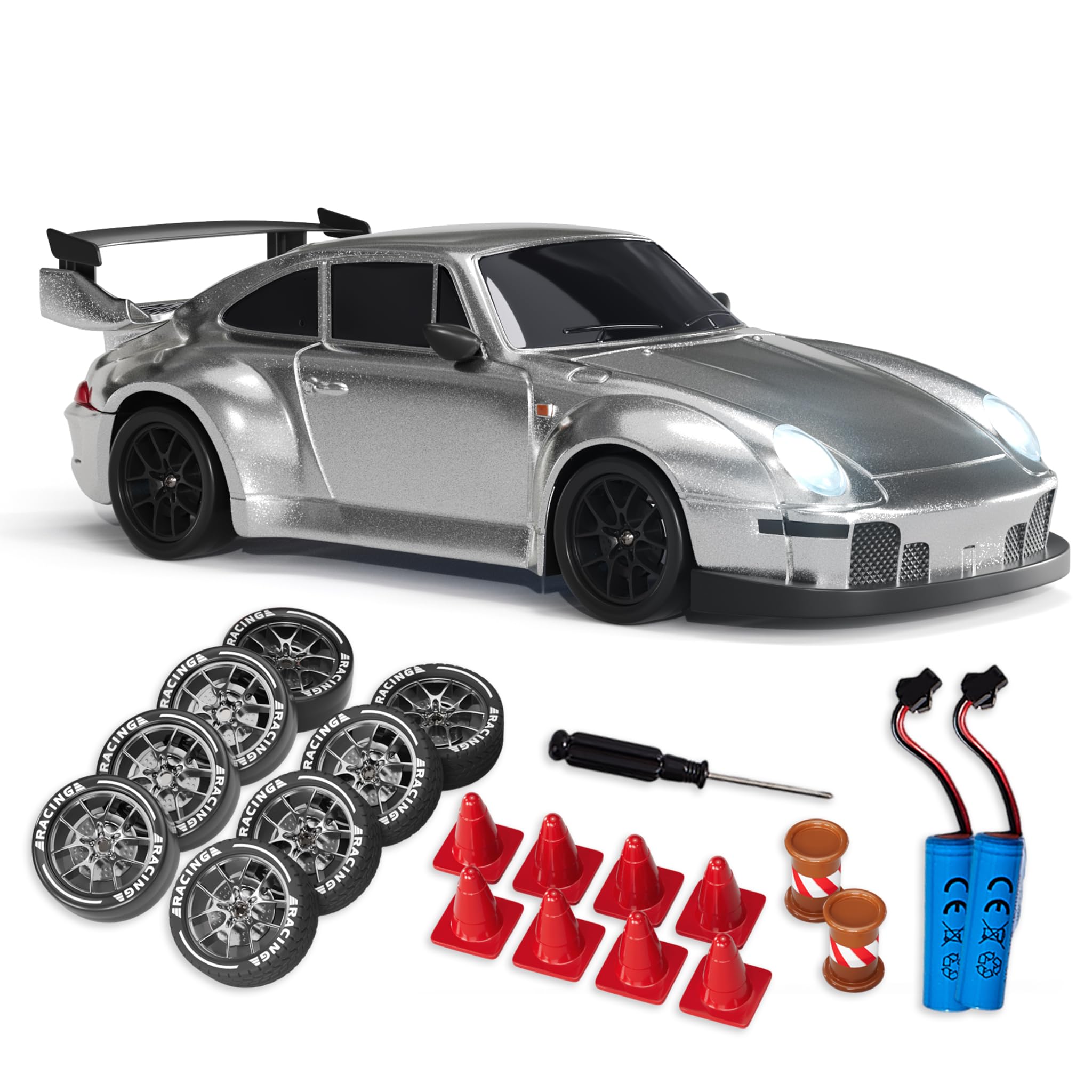 Clutch Mode 2‑in‑1 Drift & Street RC Car – 1:24 Scale, 4WD, 12.4MPH – Includes Remote, 2 Batteries, Drift Wheels, Rubber Wheels & Accessories – Ready to Run (Silver) — image 1