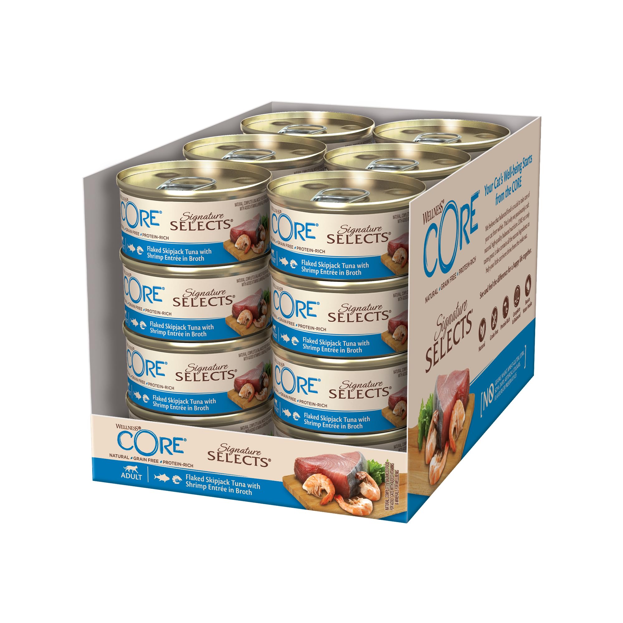 Wellness CORE Signature Selects 24 x 79g, Flaked Skipjack Tuna & Shrimps – Wet Cat Food, Delicious Flakes in Broth, Grain-Free, Natural, Hypoallergenic, Protein-Rich, High Fish Content