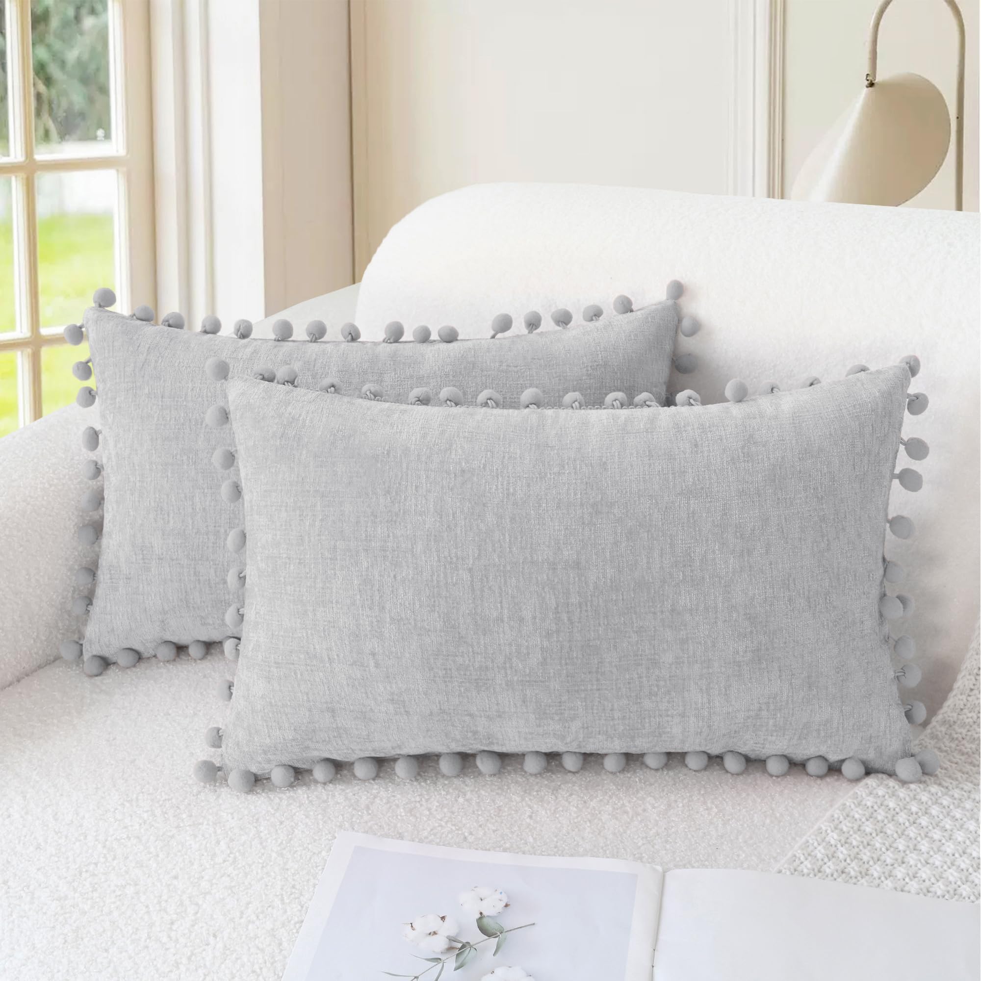 CaliTime Pillow Cases Pack of 2 Cozy Solid Dyed Soft Chenille Cushion Covers with Pom Poms for Couch Sofa Home Decoration 30cm x 50cm Moonbeam Gray