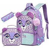 Danfimy Animal Print Backpack Set for Girls Cute School Bookbag for Elementary Students Ages 6-12 Lightweight Backpack with Lunch Box Pencil Case Back to School Suppliers (Purple)