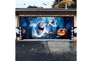 YUSPENYE Halloween Garage Door Decorations with Cute Ghost Design, Durable Halloween Garage Door Banner for Double Garage Doors 7x16 ft, Outdoor Party Backdrop