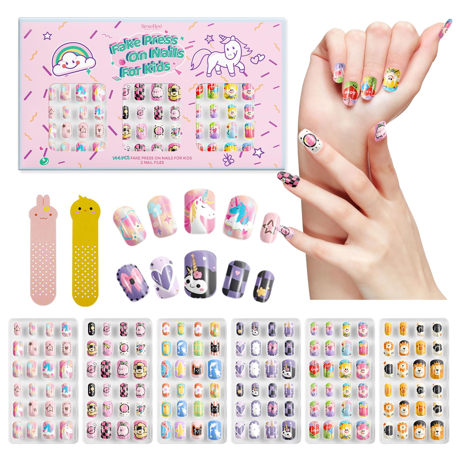 Photo 1 of 144Pcs Kids Press on Nails Children Girls Press on Short Artificial Fake Nails No fading Stable Cute Pre Glue Full Cover Acrylic Nail Tip Kit Gift for Kids Nail Decoration (Fairy)