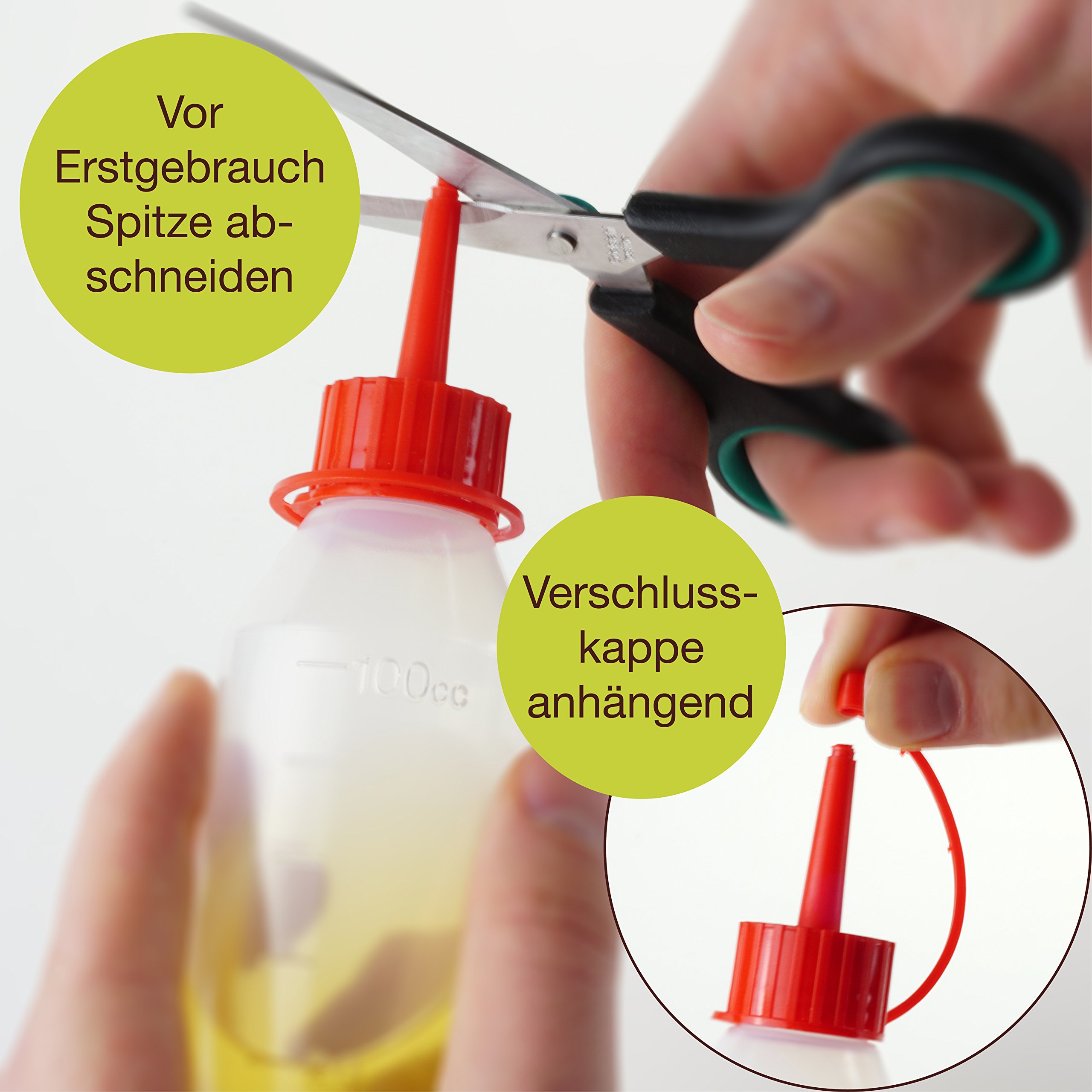 ProfessionalTree® Botellas para líquido con sistema de goteo 12x100 ml. Con embudo de medición - 12 etiquetas - Para conservar líquidos - Seguro para niños - Calidad LDPE