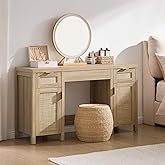 SICOTAS Rattan Vanity Home Office Desk - 52" Large Farmhouse Boho Makeup Vanity Dressing Table with 3 Drawers & 2 Storage Cab