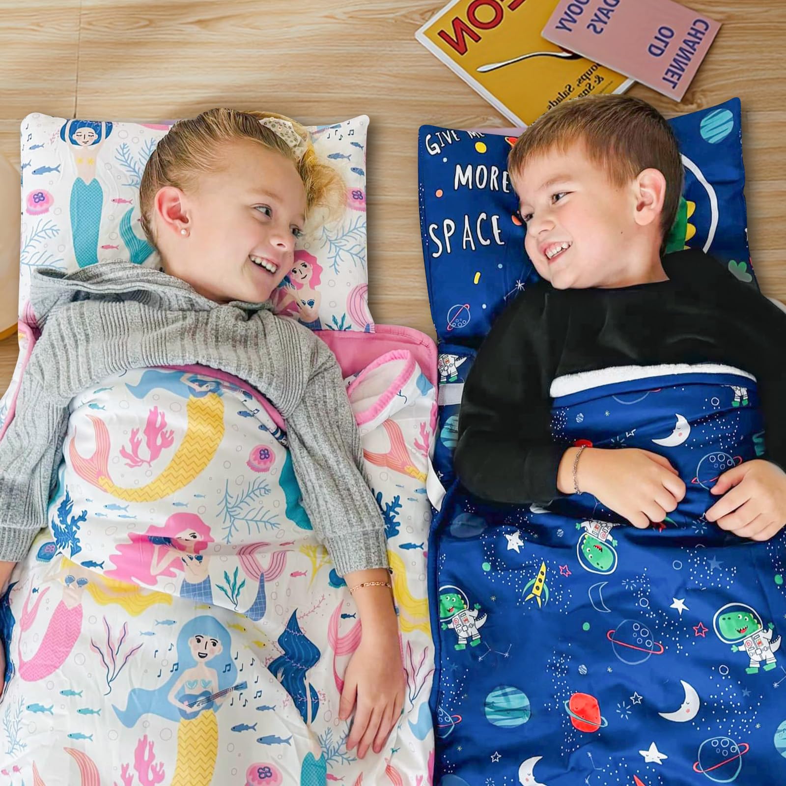 Toddler Nap Mat with Pillow and Blanket, Soft Sleeping Bag for Kids Boys and Girls, Slumber Bags Kids for Preschool, Daycare, Travel, Camping, 54