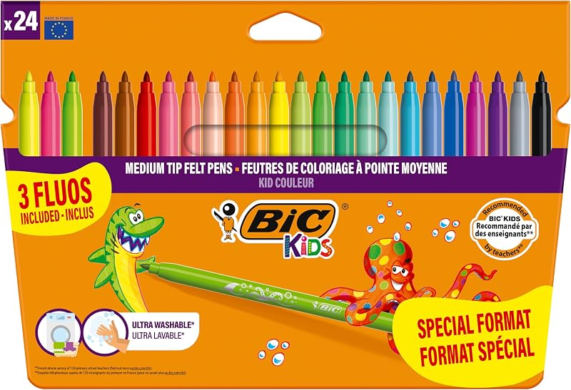 Bic kids - marcadores kid couleur ponta média, contagem 24 (pacote com 1), pacote especial, cores sortidas