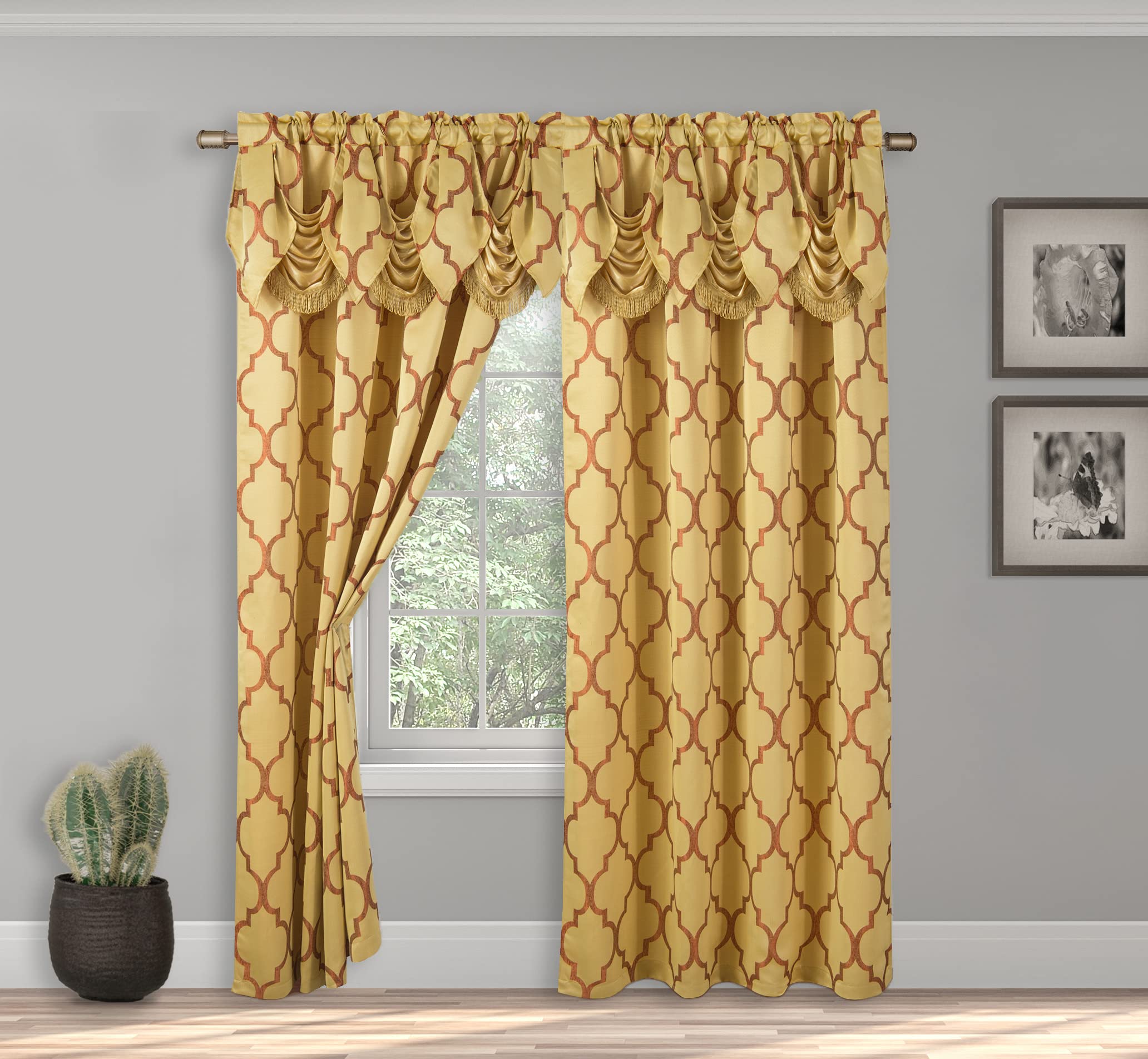 Elegant Comfort Jacquard Look Curtain Panel Set with Attached Waterfall Valance, (Set of 2), 54 x 84 Inches, Quatrefoil Pattern, Gold