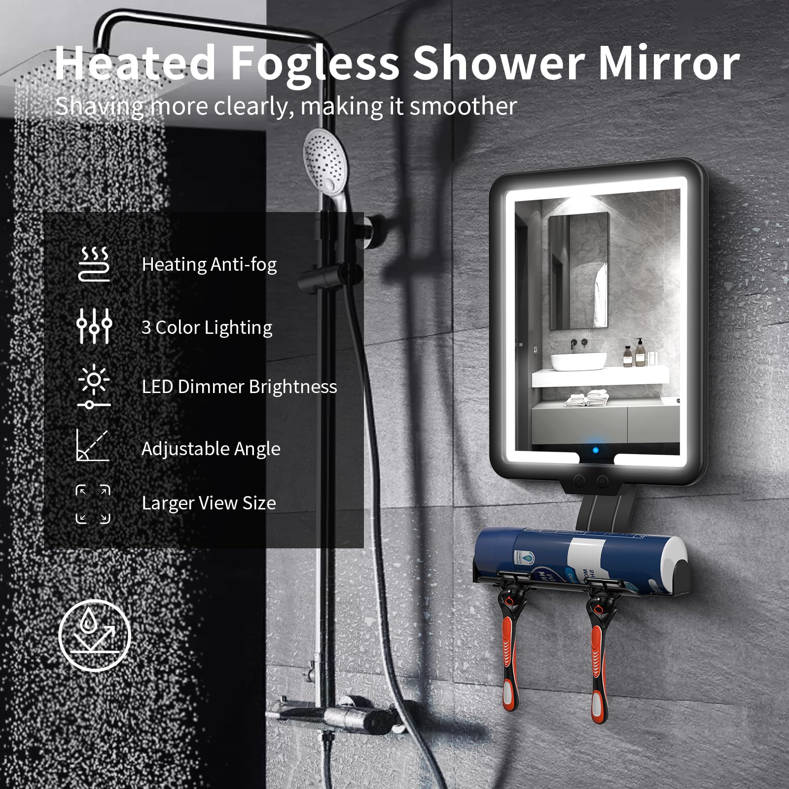 Lighted Shower Mirror Fogless for Shaving, Heated Fog Free Large 9.5*7inch 3 Color Modes Dimming Shower Shaving Mirror with Light, Rechargeable Anti-Fog Shower Mirror with Storage Tray & Razor Holders
