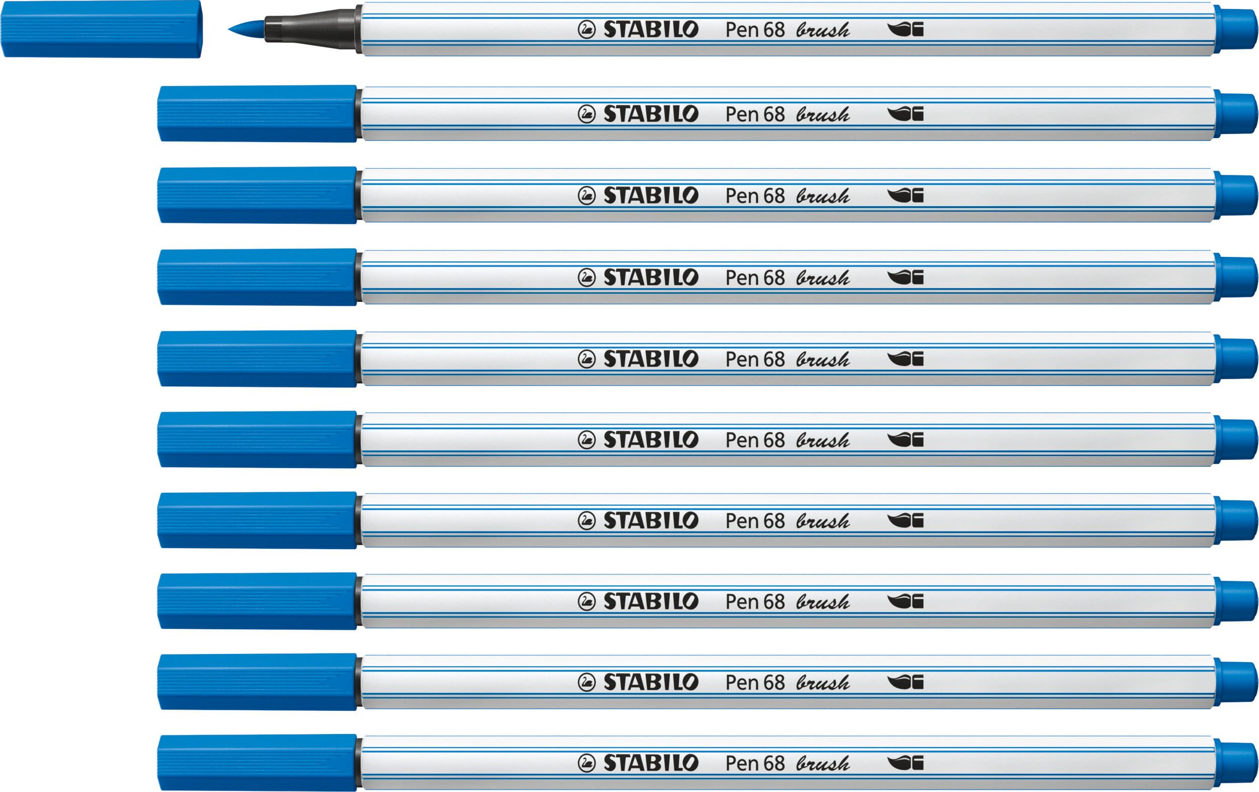 STABILO Pen 68 brush - Premium Fibre-Tip Pen with Brush Tip - Pack of 10 - Dark Blue
