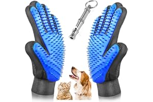 SOFTNLUX Pet Grooming Glove - Gentle Deshedding Brush Glove - Efficient Pet Hair Remover Mitt - Massage Tool Enhanced Five Finger Design - Perfect for Dogs & Cats with Long & Short Fur with Training Whistle