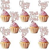 24PCS Mis 15 Cupcake Topper Hello 15 Cheers to 15 Years Birthday Party Decorations for Girl Happy 15th Birthday Party Cake Decorations Rose Gold Glitter