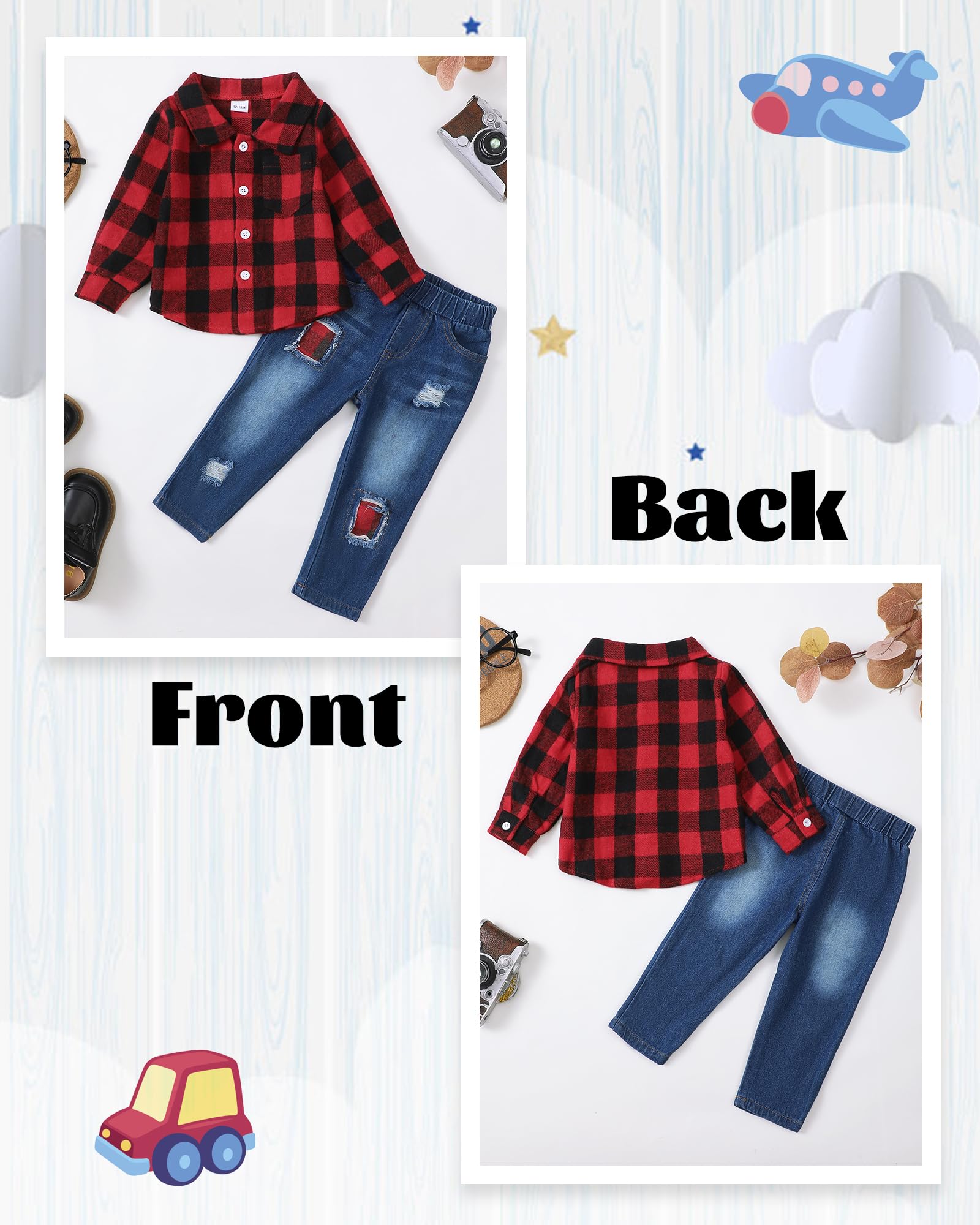 NZRVAWS Toddler Baby Boy Clothes Infant Plaid Pocket Shirt Denim Ripped Jean Pants Outfits Set 6-24 Months 2-5T