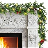 6FT Prelit Christmas Garland with Lights, Realistic Cedar Garland with Red Berries Pine Cone Artificial Real Touch Greenery Lighted Xmas Garland for Mantle Stair Railing Fireplace Decorations