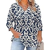Rapbin Womens Plus Size Tops 3/4 Sleeve Blouses Shirts Casual V Neck Loose Tunic Tops 1X-5X