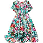 Floerns Women's Plus Size Boho Hawaiian Tropical Dresses V Neck Short Sleeve Floral A Line Long Dress Vacation Beach Outfits