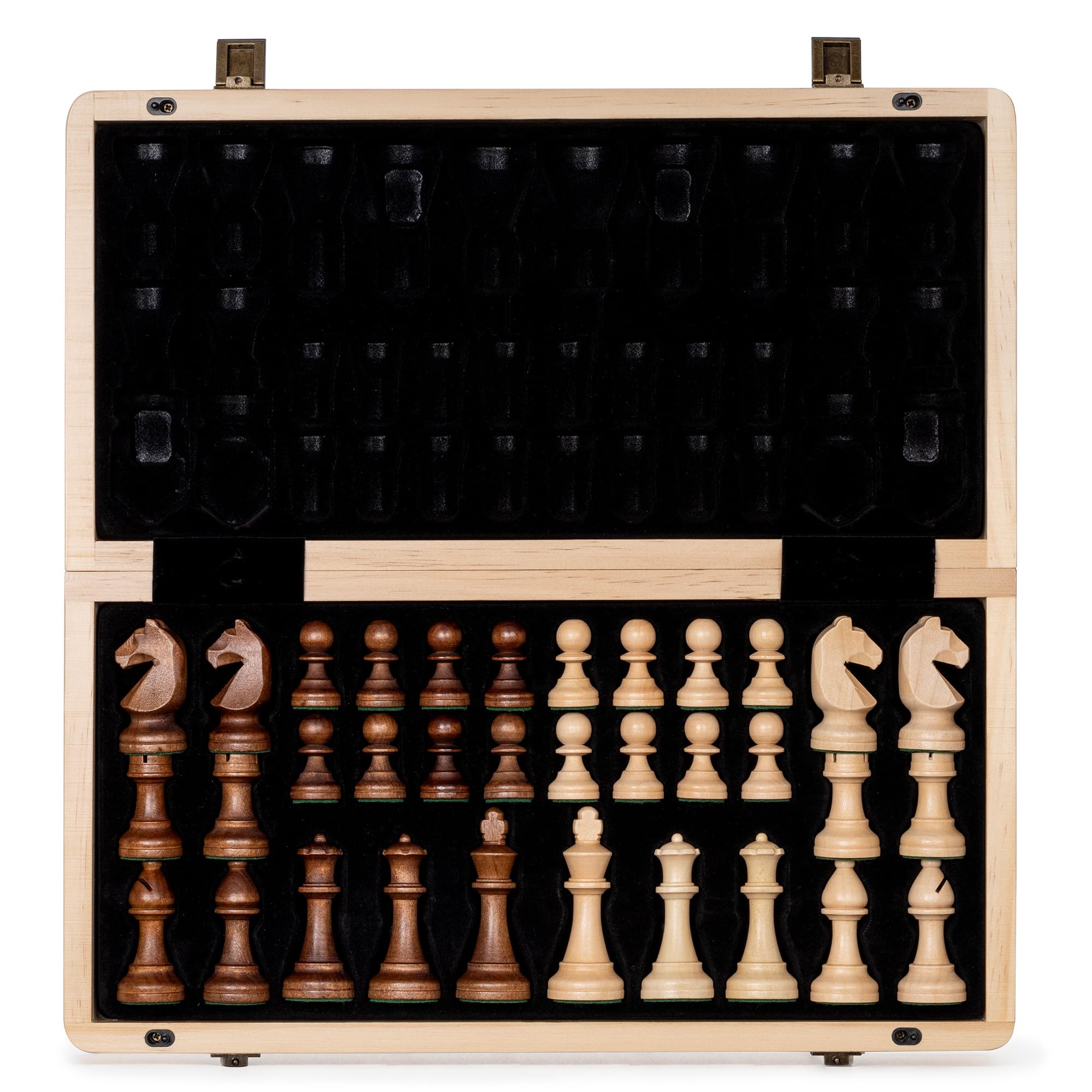 A&A 15" Wooden Chess Set/Folding Board / 3" King Height German Knight Staunton Chess Pieces w/Maple & Walnut Inlay / 2 Extra Queens