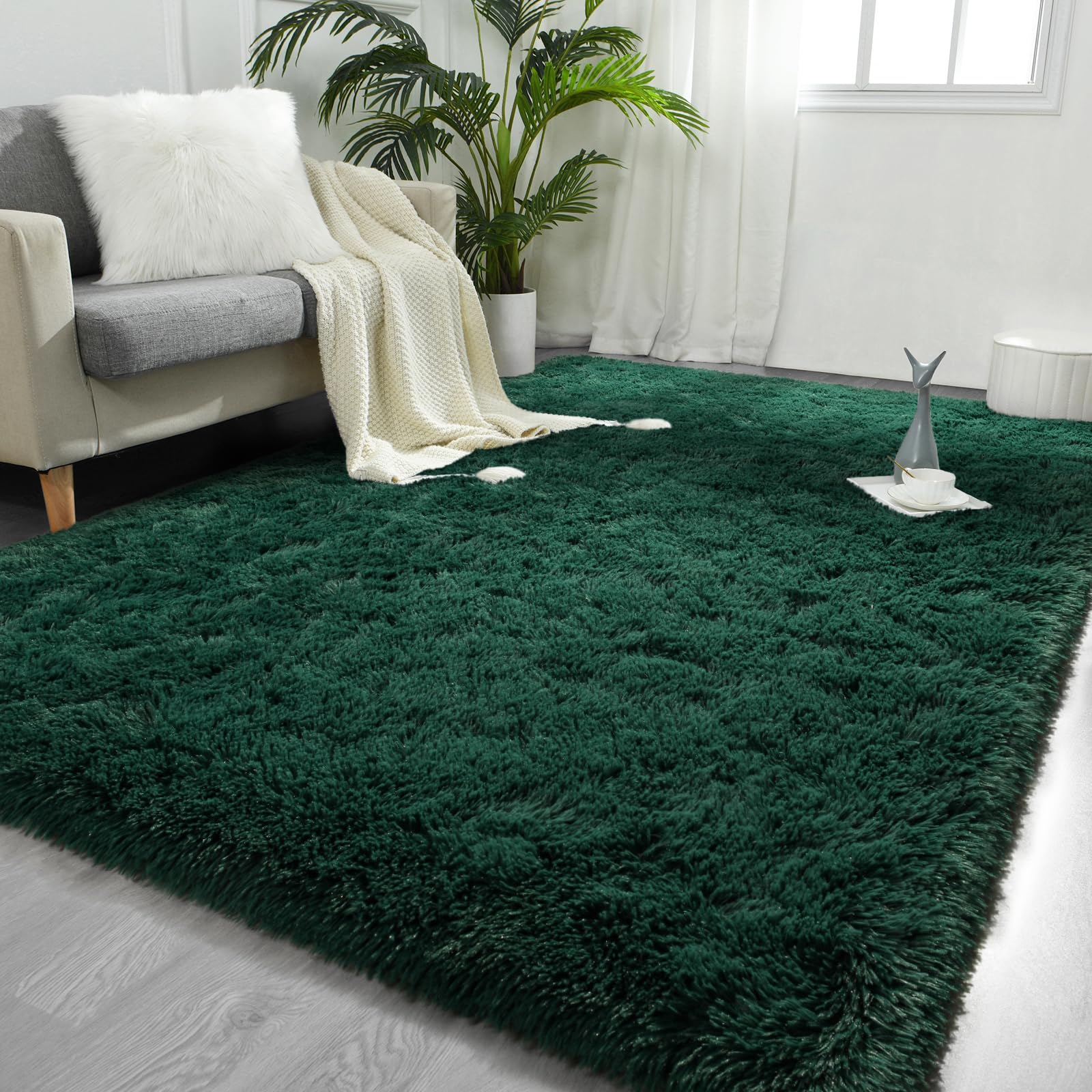 Photo 1 of FlyDOIT 8x10 Feet Large Area Rugs for Living Room, Deep-Green Shaggy Rug Fluffy Throw Carpets, Ultra Soft Plush Modern Indoor Fuzzy Rugs for Bedroom Girls Kids Nursery Room Dorm Home Decor