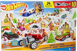 Hot Wheels Toy Cars & Playset, 2025 Advent Calendar with 10 Vehicles in 1:64 Scale, 10 Ornament Clips & 14 Winter-Themed Acce