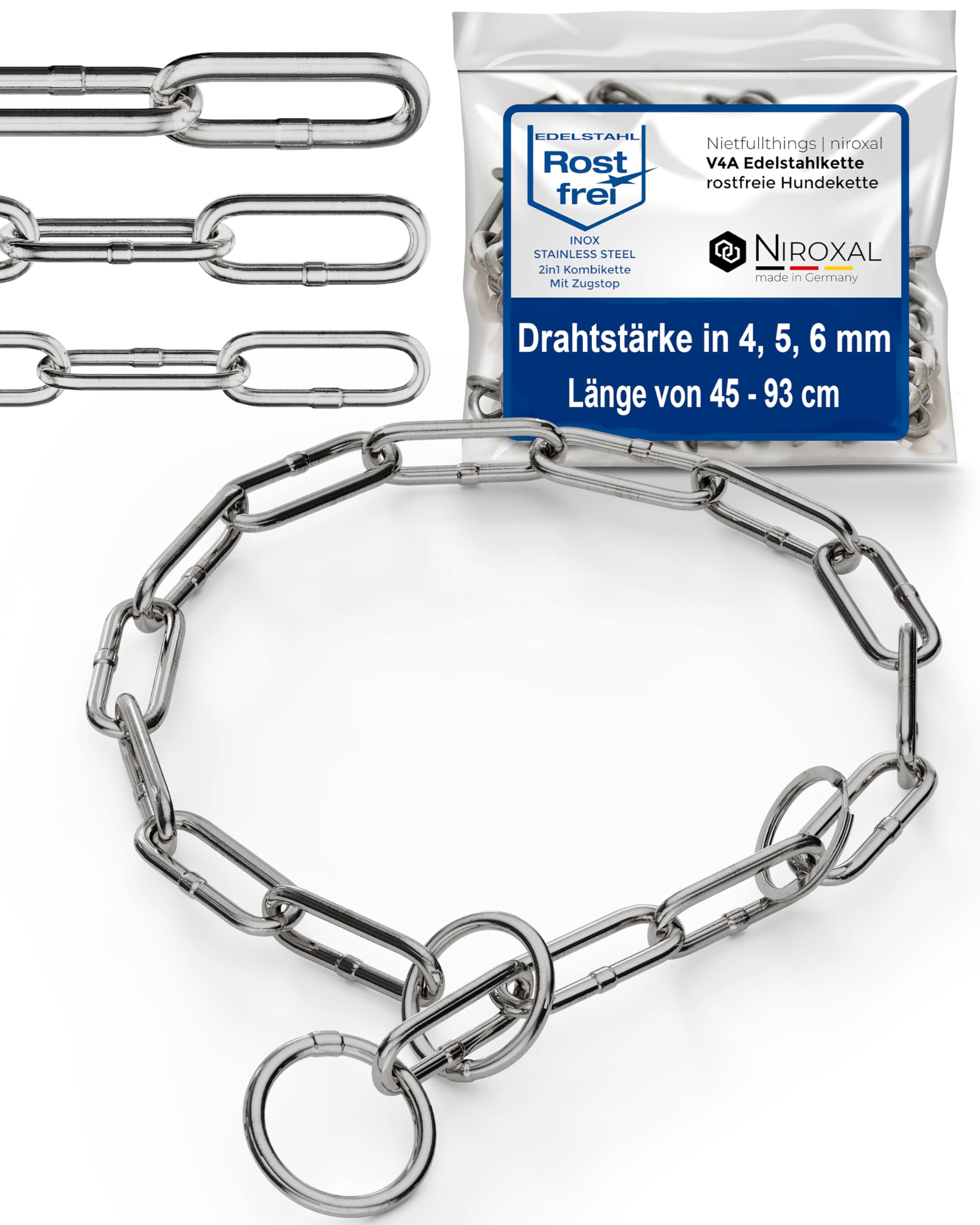 NietFullThings Slip Chain Dog Collar with Pull Stop – Stainless Steel Training Chain – Long Links 6 mm – Head Size 57–60 cm – Total Length 68 cm