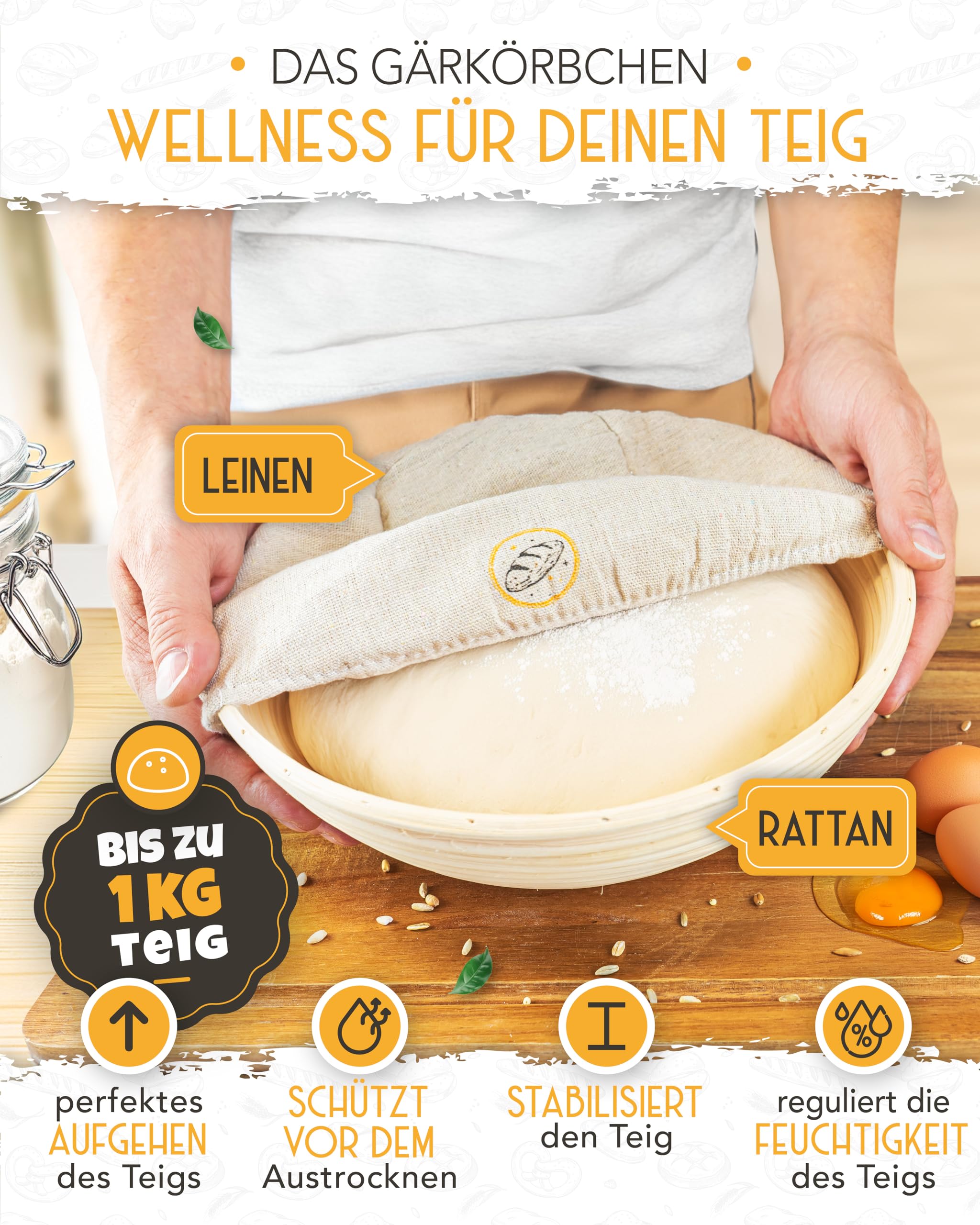 KRUSTENZAUBER Gusseisen Topf Brot Backen im XXL Set - Brotbackform mit Deckel inkl. Gärkorb, Schneebesen, Bäckermesser, Teigschaber, Brotschlinge und mehr - Perfektes Brotbacktopf Set für Anfänger 4