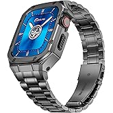 HASLFM Stainless Steel Watch Band and Case Compatible with Apple Watch Series 9/8/7(45mm),Adjustable Metal Strap and Rugged Protector Cover for iWatch Men,Grey