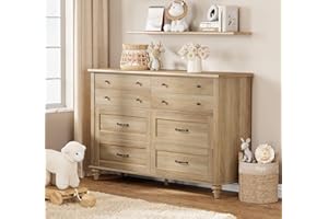 WAMPAT Baby Dresser with 8 Drawers for Kids Room, Farmhouse Kids Dresser Wooden Double Dresser for Bedroom, Wide Dresser Organizer for Children’s Bedroom, Nursery Furniture, 54 Inch, Oak