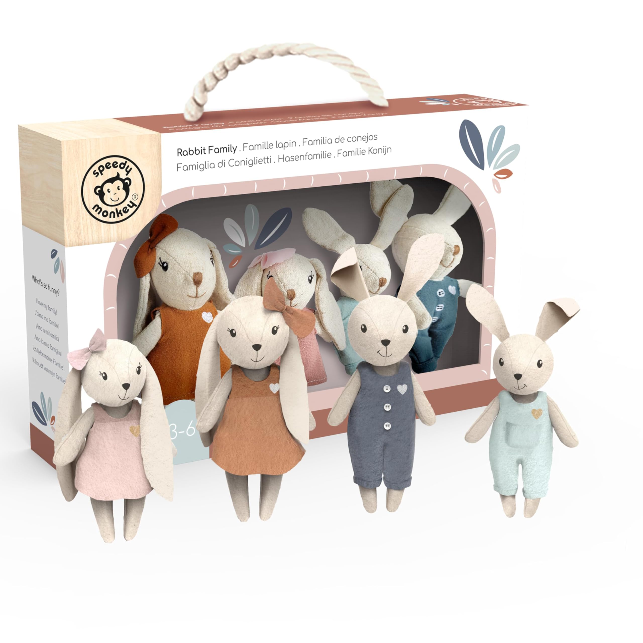 SPEEDY MONKEY Rabbit Family Set – Miniature Bunny Figures with Parents & 2 Baby Rabbits – Pretend Play Doll House Family for Kids, Toddlers, Girls – Cute Dollhouse Decor Toy
