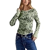 Fameetor Women Waffle Knit Floral Printed Shirts Crew Neck Long Sleeve Slim Fit T Shirt Causal Going Out Tops with Thumb Hole