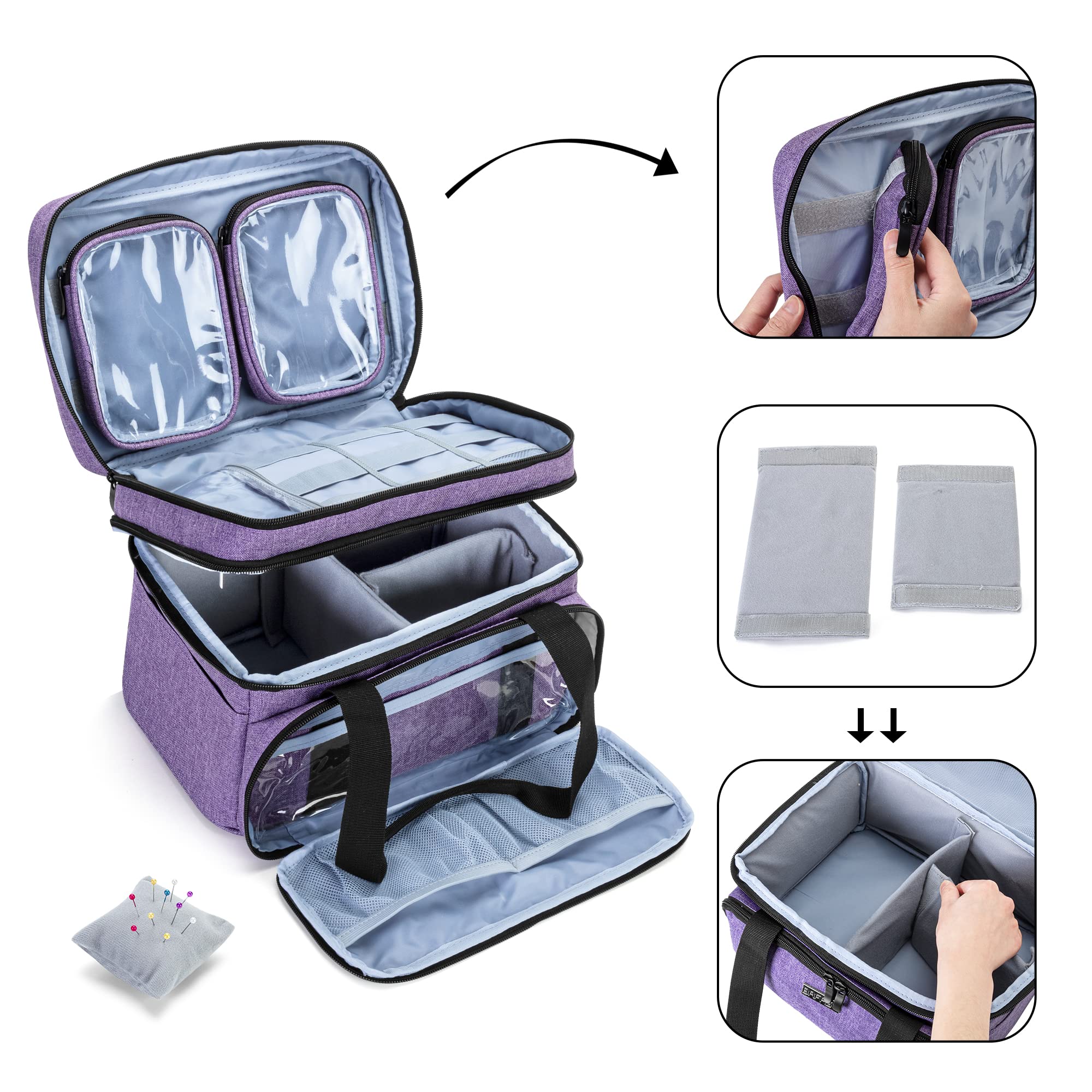 BAFASO Double Layer Sewing Accessories Organizer with 2 Detachable Pouches, Large Sewing Storage Bag for Sewing Tools (Bag ONLY), Purple