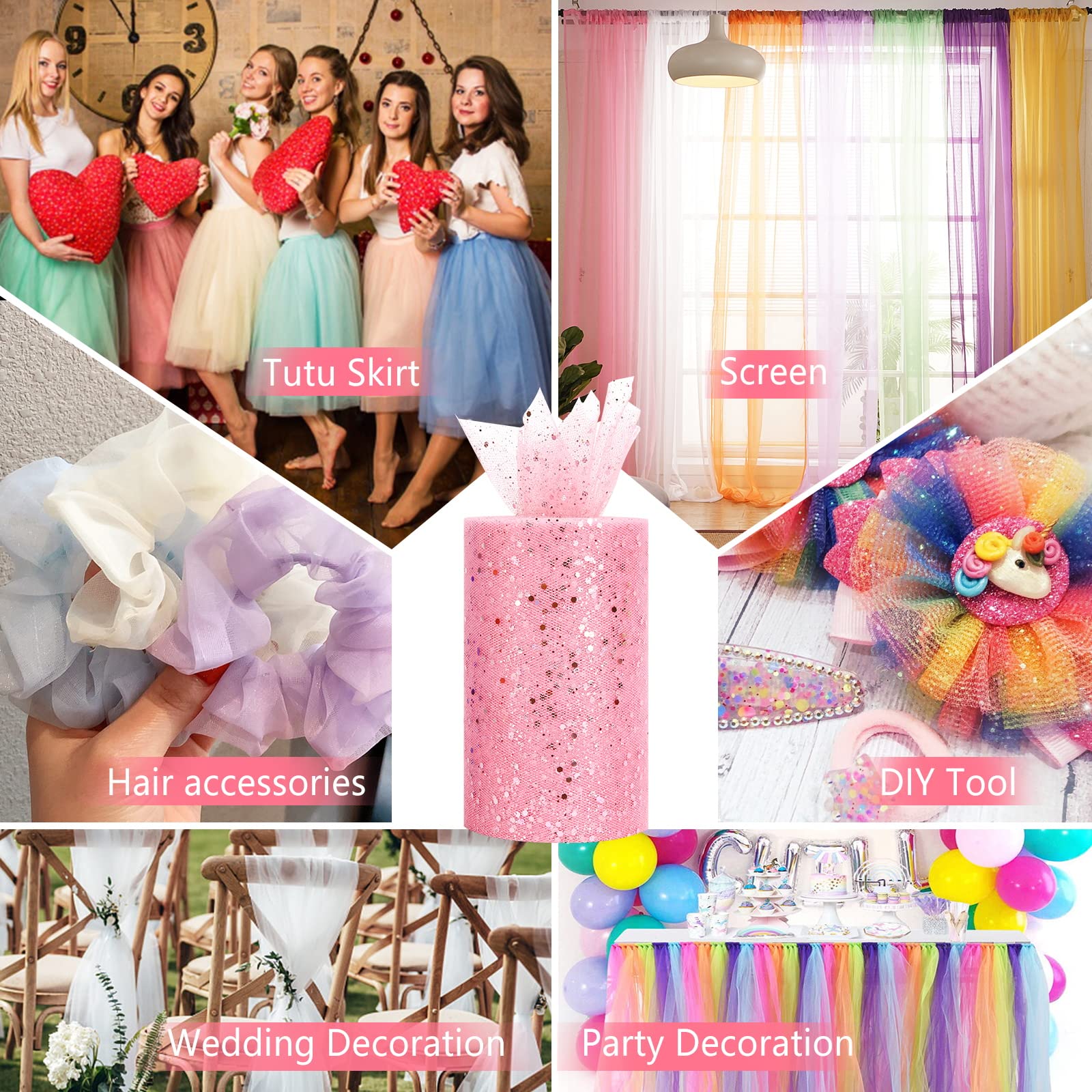 Glitter Tulle Rolls, 6” by 50 Yards (150FT) Sparkling Tulle Spool Ribbon Sequin Tulle Netting Fabric for Tutu Skirt Wedding Birthday Baby Shower (Pink)