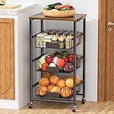 XYZLVSI Kitchen Storage Cart with Wheels, 4-Tier Metal Utility Rolling Cart Fruit Vegetable Storage Basket Pantry Rack with Wood Top & Pull Out Baskets for Kitchen, Livingroom, Diningroom, Office