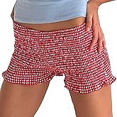 NUFIWI Women Gingham Boy Shorts Smocked Plaid Bloomers Cute Frill Ruffle Sexy Micro Shorts Bottoms Y2k Pettipants