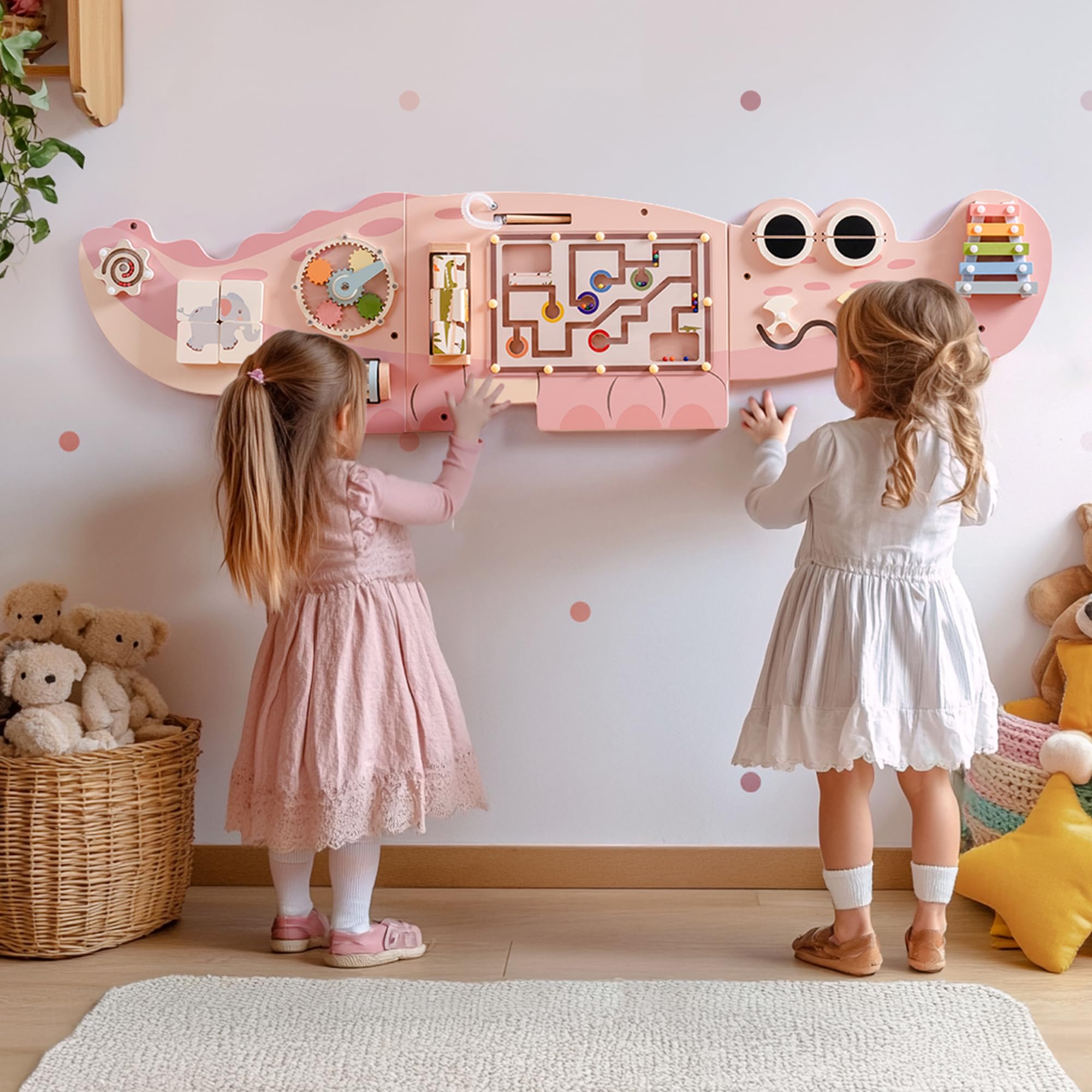 ROBUD Wooden Wall-Mounted Busy Board, 8-In-1 Activity Center Kids Montessori Toy with Magnetic Bead Maze, Block Match, Xylophone, Gears, Kids Toddlers Educational Toy Gift