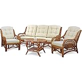 Malibu Lounge Set of 4: 2 Natural Rattan Wicker Chairs, Three-Seater Sofa with Cushions and Coffee Table with Glass Handmade,