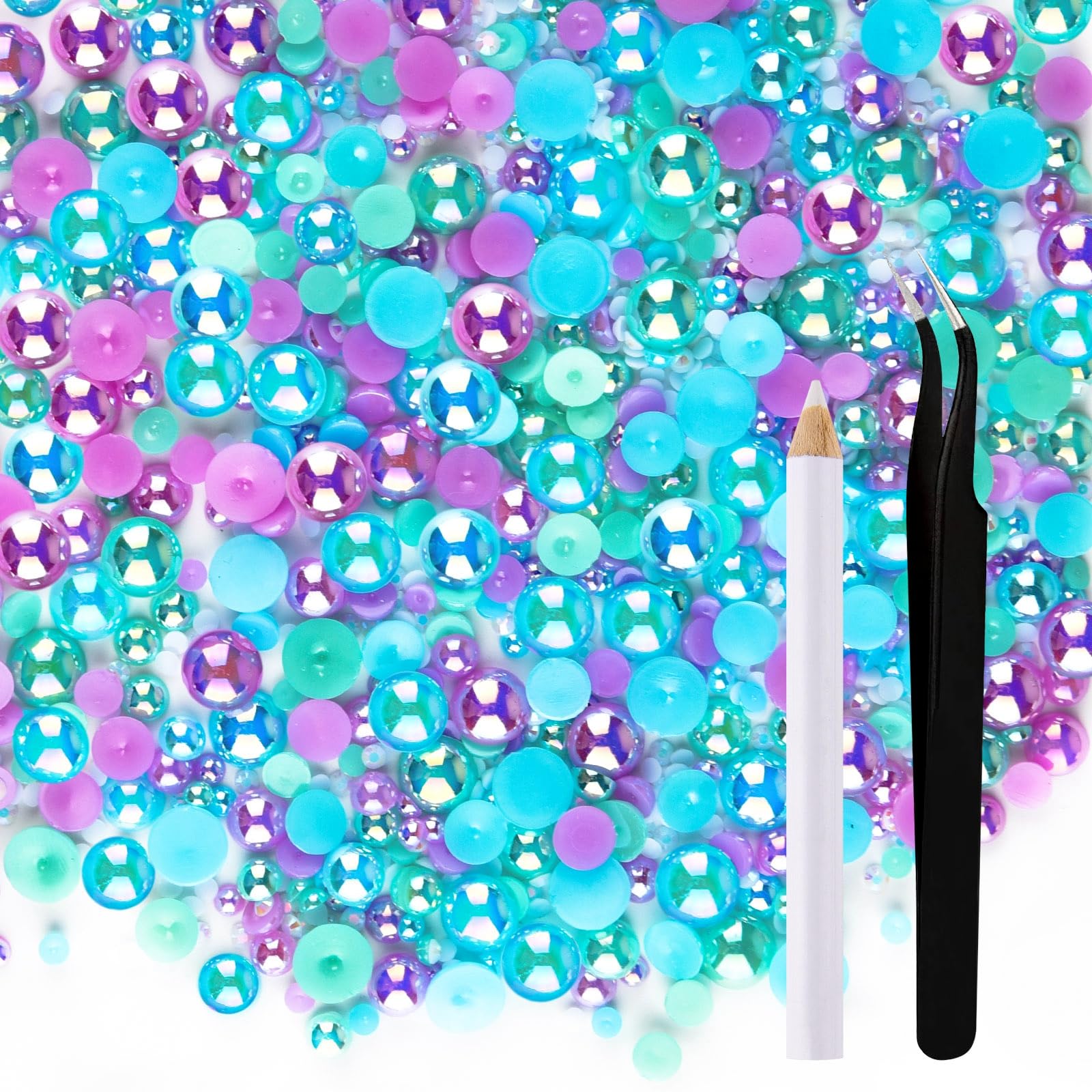 ASTARON 50g Mix Flatback Rhinestones Half Pearls for Crafts Mixed Size 3mm-10mm Flat Back Rhinestones for Crafts Flatback Pearls for Decorating Tumblers Mugs Nail Art Shoes (Blue，Purple，Green)