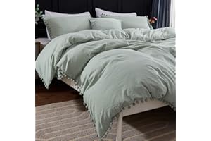 Andency Duvet Cover Queen Size (90x90 Inch), 3 Pieces (1 Solid Sage Green Duvet Cover, 2 Pillowcases) Soft Washed Microfiber Pom Pom Fringe Comforter Cover Set with Zipper Closure, Corner Ties