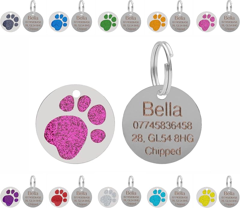 LARRYROO Personalised Engraved Pet ID Tag Round Glitter Paw 25mm Pink