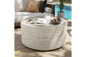 UPHA Outdoor Round Coffee Table, Small Modern Minimalist Accent Tables, Low Light Concrete Center Table for Living Room, Outside Patio, Deck, 28×28×13, Off-White